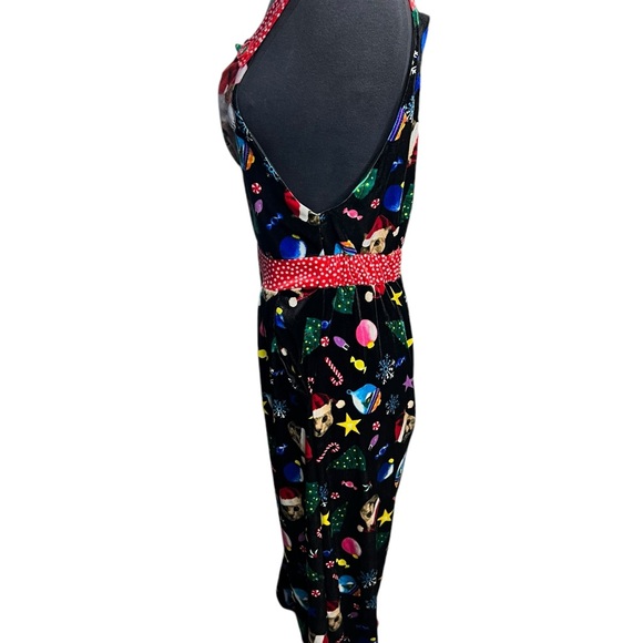 Love On A Hanger Black Christmas Ugly Sweater Kitty Cat Velour Overalls Sz Small - Picture 6 of 10